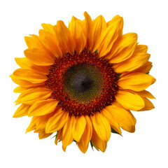 Obraz premium Bright sunflower with vibrant yellow petals and dark center, symbolizing warmth and positivity. Perfect for nature themed designs or floral arrangements