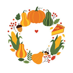 Autumn harvest thanksgiving cornucopia fall seasonal decoration with pumpkins and pie