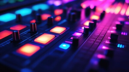 DJ Mixer illuminated by vibrant neon lights, showcasing its intricate controls and buttons