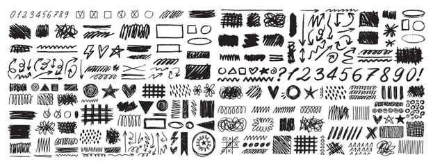 Grunge scribble freehand shapes and stripes numbers, emphasis hand drawn doodle squiggles marker arrows. Chalk painted scrawl frames doodle rouge scratches. 