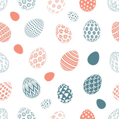 Charming pattern of decorated easter eggs in soft coral and teal hues on a white background celebrates spring festivities