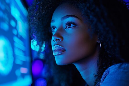Black female cybersecurity analyst analyzing AI cyberspace threats on a computer in a dark tech office data center. The blue lighting illuminates the scene as the African American IT, Generative AI