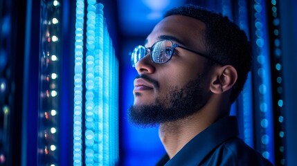Cybersecurity analyst analyzing AI cyberspace threats on a computer in a dark tech office data center. The blue lighting sets a high-tech mood as a IT specialist engages ethical hacking, Generative AI