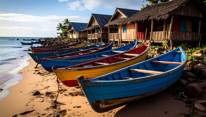 Fototapeta premium Colorful boats line a tropical beach near rustic huts, evoking serene island getaway vibes