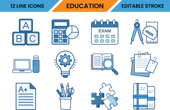 Education icon set illustrating various academic concepts and school related tools