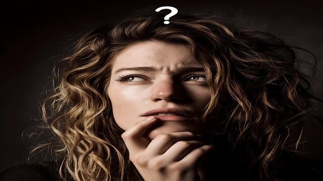 疑問を抱き唇に指を当てる女性｜Woman Pondering with Finger on Lip