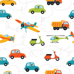 Naklejka premium Colorful transportation vehicles and aircraft flying and driving around with small bubbles showing motion