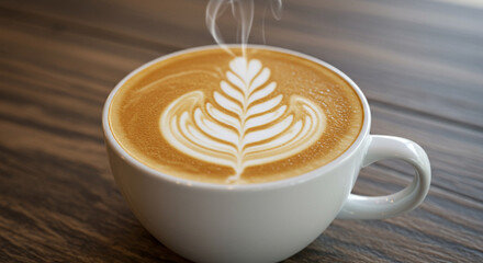 A beautifully crafted latte art design adorns a steaming cup of coffee, offering a moment of warmth and visual delight.