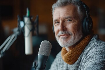 Portrait of a mature radio host speaking into a microphone while moderating a live show, symbolizing professionalism in broadcast media, Generative AI