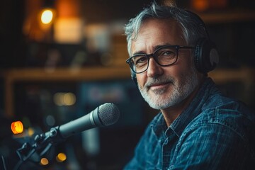 Portrait of a mature radio host speaking into a microphone while moderating a live show, symbolizing professionalism in broadcast media, Generative AI