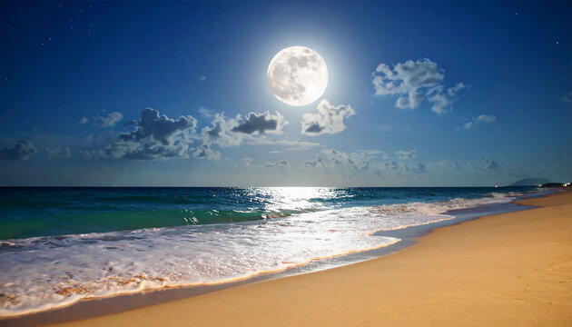 Stunning full moon illuminates tranquil beach waves under a starry night sky - Powered by Adobe