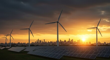 City skyline at sunset, with wind turbines and solar panels