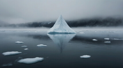 Majestic pyramidal iceberg floating in calm dark water white blue