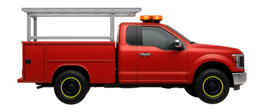 Compact rescue truck with integrated ladder rack and roof-mounted beacon lights