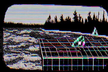 Distorted landscape with glitch art effect.  River, forest, and geometric grid