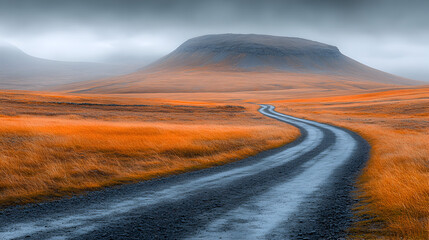 Fototapeta premium A winding dirt road through a misty landscape with a hill in the background.