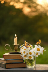 butterflies and chamomile flowers, old books, candlestick with burning candle on table in garden. close up. relax, reading time. romantic inspiration composition. close up. soft focus