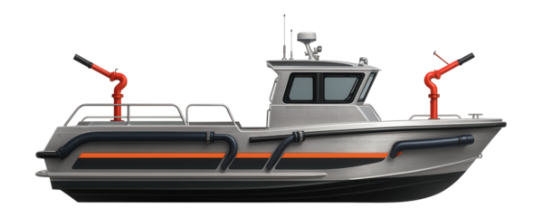 Aluminum-hulled fireboat featuring side-mounted water hoses