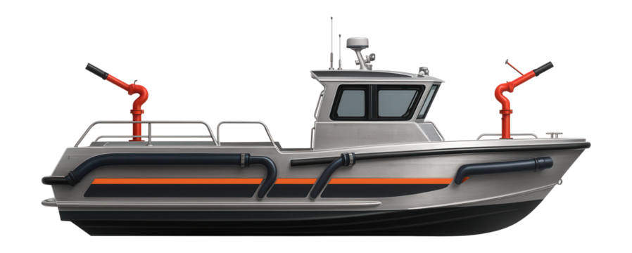 Aluminum-hulled fireboat featuring side-mounted water hoses