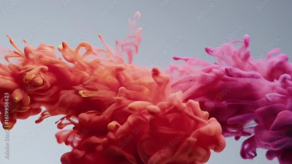 Poster vibrant swirling immiscible fluids cloud in orange and pink hues close up slow motion capturing abst