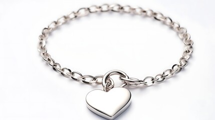 A minimalistic thin silver chain bracelet with a heart pendant slightly off-center on a bright white clean surface, taken with a macro lens showing precise edges