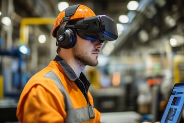 Industrial man engineer wearing a headset and using a laptop in a factory setting, representing the technical skills and modern tools used in industrial operations, Generative AI