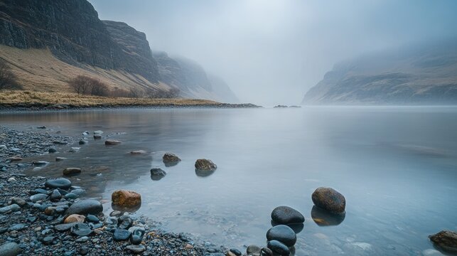 Misty Lochside: Calm Waters and Rugged Cliffs