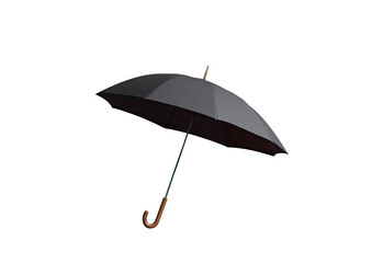A dark gray umbrella, angled, with a light brown handle, is featured against a black background.  Its design is simple and somewhat stylized