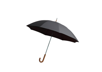 A dark gray umbrella, angled, with a light brown handle, is featured against a black background.  Its design is simple and somewhat stylized