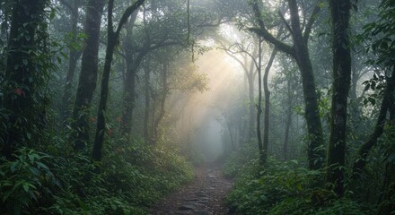 Obraz premium A narrow, leaf-covered path winds through a dense, vibrant green forest, sunlight streaming through the trees creating a mystical, hazy atmosphere