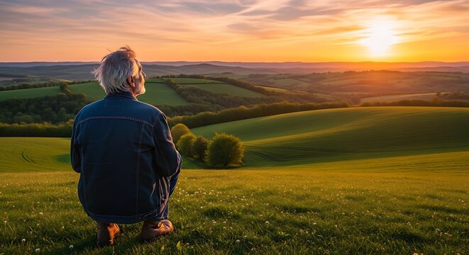 Elderly Man Contemplating Sunset Over Rolling Green Hills and Meadows