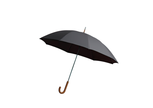 A dark gray umbrella, angled, with a light brown handle, is featured against a black background.  Its design is simple and somewhat stylized