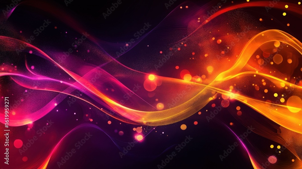 Poster vibrant abstract digital art background with glowing wavy lines and sparkling particles. dynamic ora