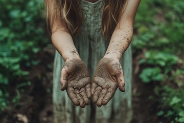 Small girl with dirty hands outdoors in a garden, symbolizing the sustainable lifestyle and the hands-on experience of gardening, Generative AI
