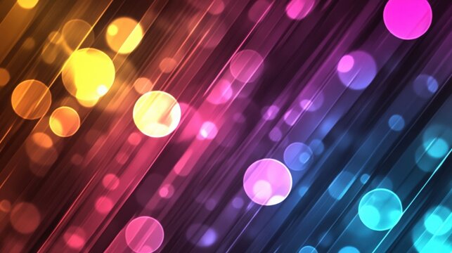 Vibrant abstract background with glowing bokeh lights and diagonal lines. Colorful digital art composition for modern design.