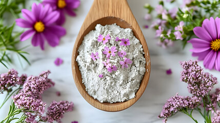 A wooden spoon filled with a light gray substance and purple flower petals on a marble surface.