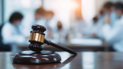 Gavel slamming on table in front of a blurred group of medical staff working together, a courtroom concept