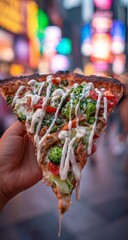 Handheld pizza slice, NYC lights blur background