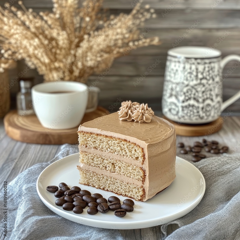 Poster indulge in a decadent mocha layer cake slice with coffee frosting at a charming caf setting