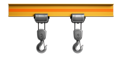Overhead crane system with visible hooks and pulleys for lifting components