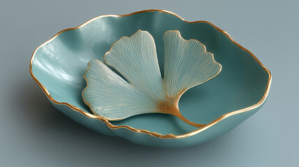 Crockery bowl in ginkgo shape in teal ceramic isolated on background.