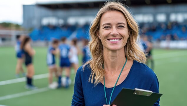 a smiling female soccer coach with a clipboard, standing on a football field with players in the background
