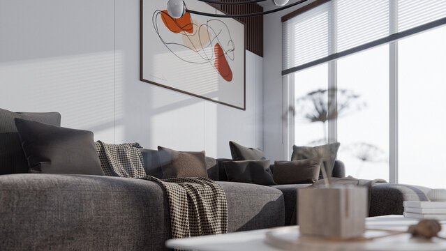 Realistic modern living room with neutral decor, daylight through large windows, stylish sofa and lounge chair, minimal design elements, and warm textures in a 3D interior visualization