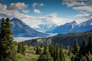 Breathtaking Panoramic View of Snow-Capped Mountains, Evergreen Forest, and River Valley Under a Blue Sky – Scenic Wilderness Landscape for Nature, Travel, and Adventure Concepts