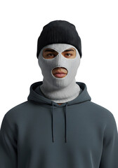 Mysterious Figure In Shadowy Black Hoodie With Gray Tactical Ski Mask And Beanie Concealing Identity Isolated On PNG Background.