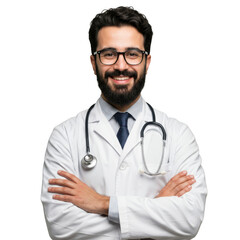 Smiling male doctor wearing glasses and lab coat with stethoscope arms crossed isolated on transparent background