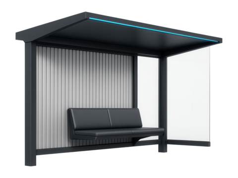 Bus stop with corrugated metal panels and a slanted roof for rainwater runoff