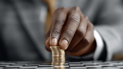 Strategic Coin Stacking: A close-up shot features a person's hand meticulously arranging a stack of gold coins on a chessboard, signifying strategic financial planning and wealth accumulation.