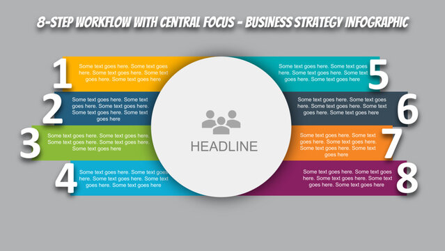 Colorful 8-Step Horizontal Process Infographic with Central Circle &ndash; Workflow, Business Strategy, or Team Planning PowerPoint Slide Template