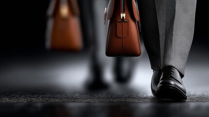 Elegant Footsteps: A sophisticated procession of business professionals strides purposefully, their polished shoes and leather briefcases embodying ambition and corporate prowess.